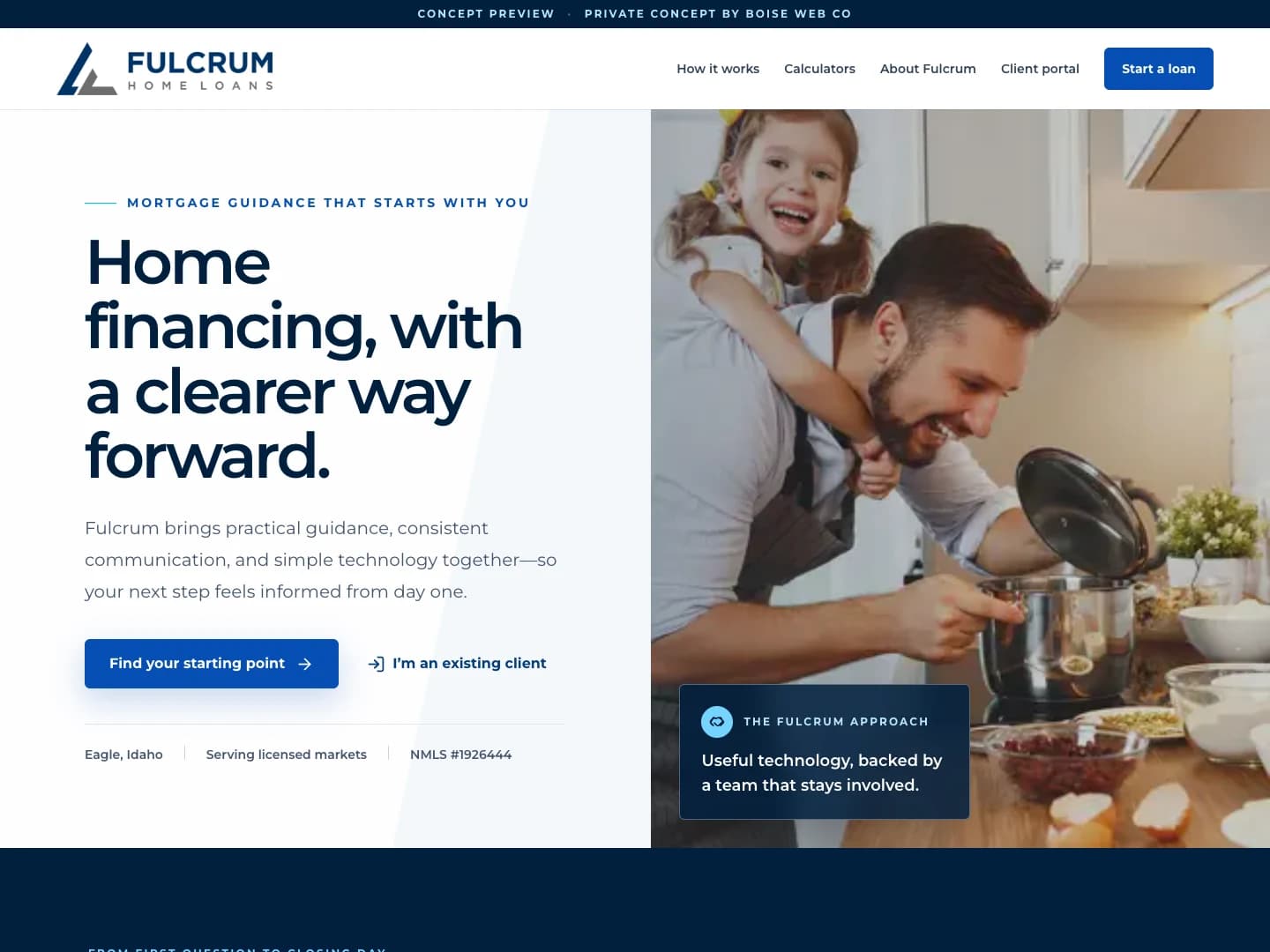 Fulcrum Home Loans concept homepage with borrower-first messaging and guided-start action