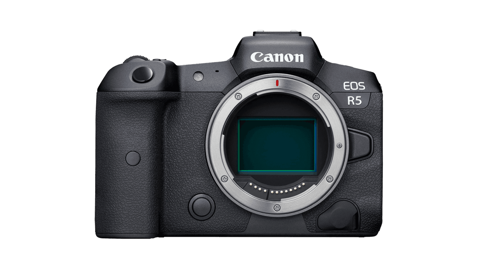 Front view of a Canon EOS R5 camera body