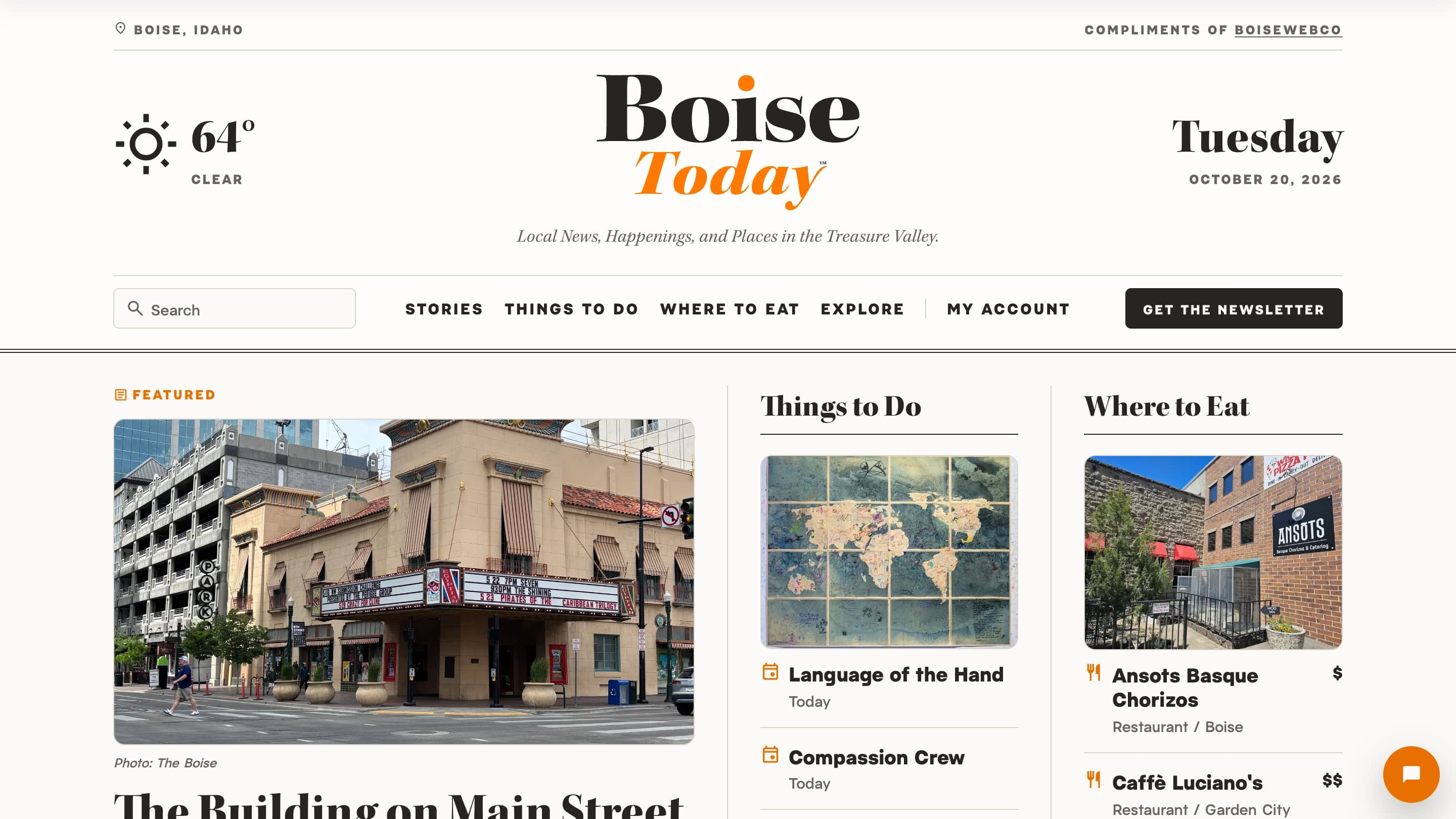 Boise Today’s homepage in light mode, with local stories, places to eat, things to do, and weather
