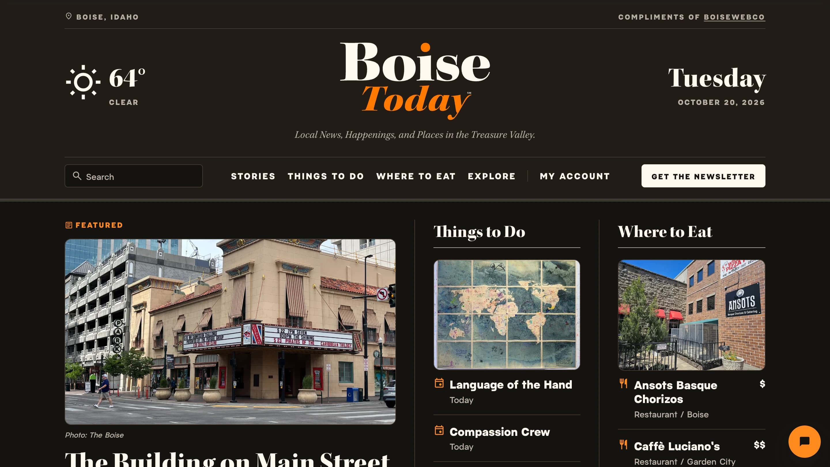 Boise Today’s homepage in dark mode, with local stories, places to eat, things to do, and weather