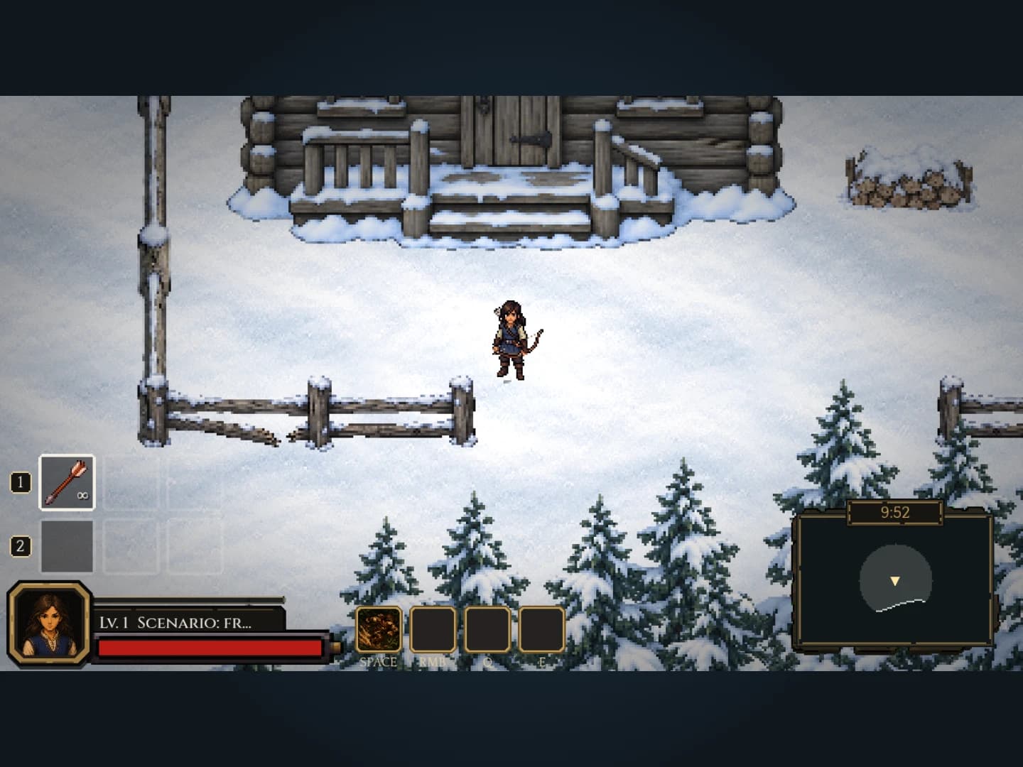 An actual Arrowflame development screenshot showing an archer beside a snowy cabin, trees, and the player HUD