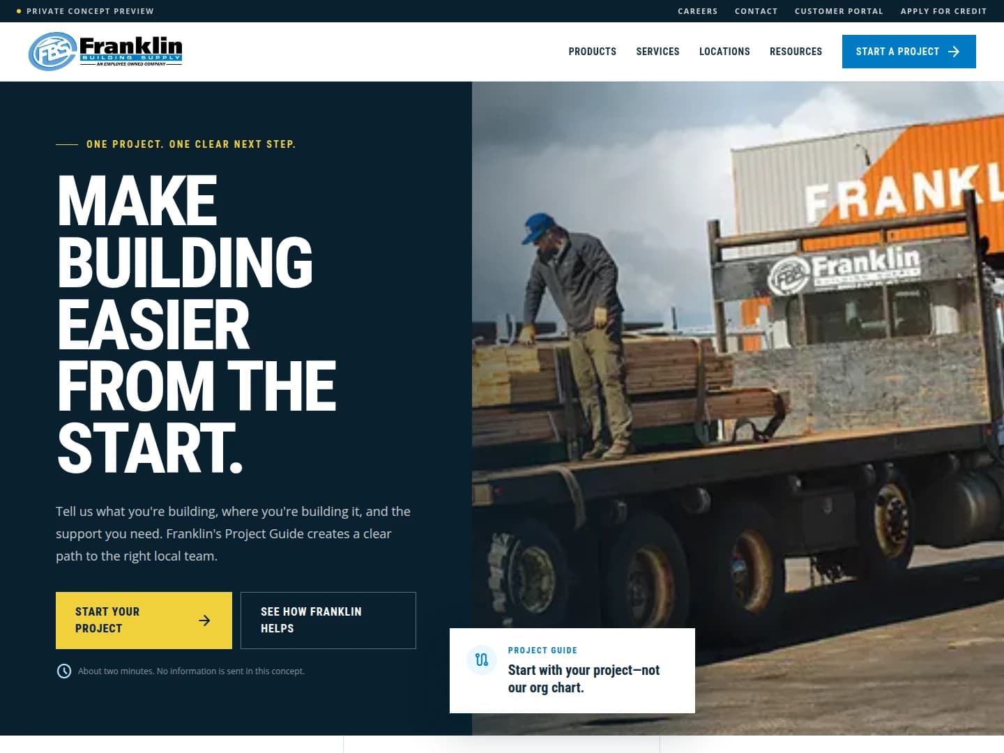 Franklin Building Supply proposed homepage with a clear starting point for customers