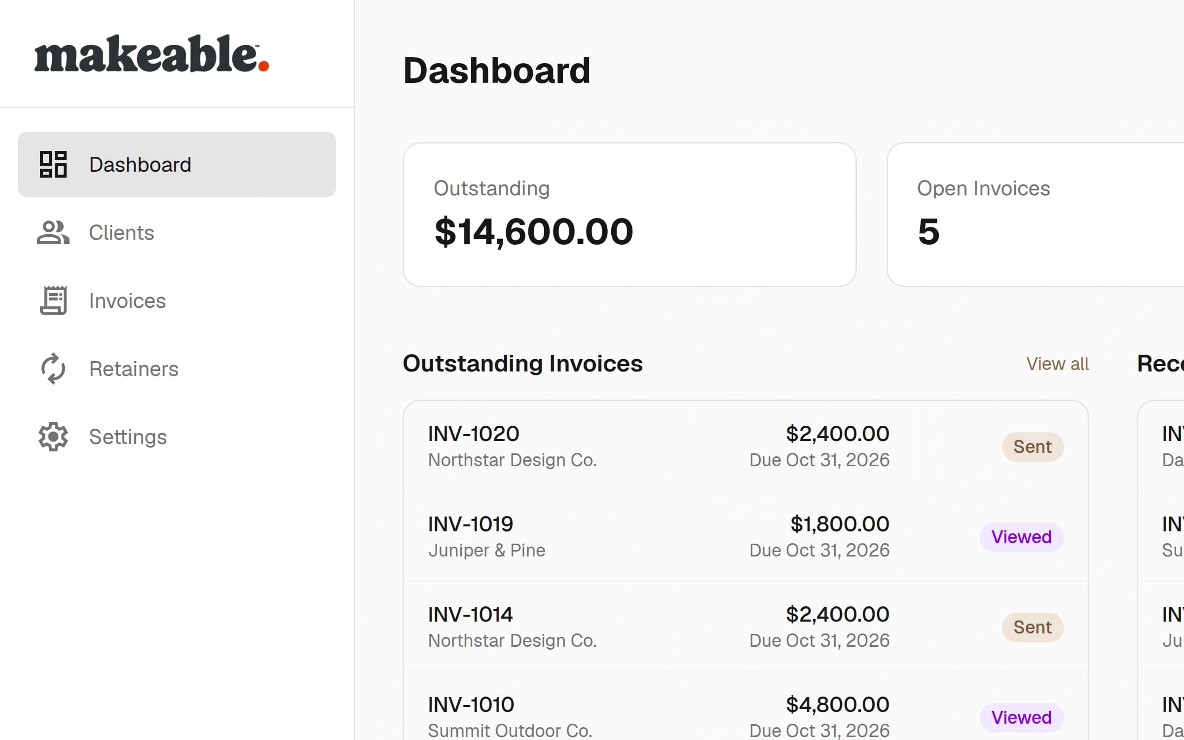 Makeable Billing’s invoice and payment dashboard with example data