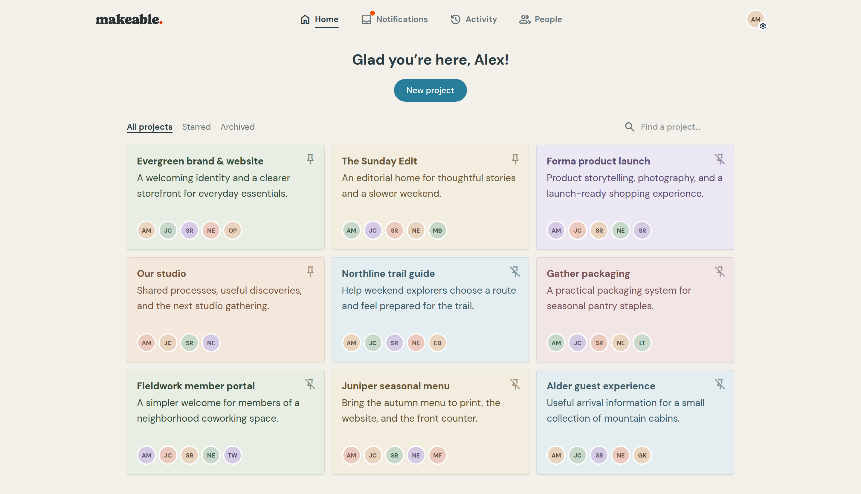 Makeable Projects with nine fictional studio and client projects