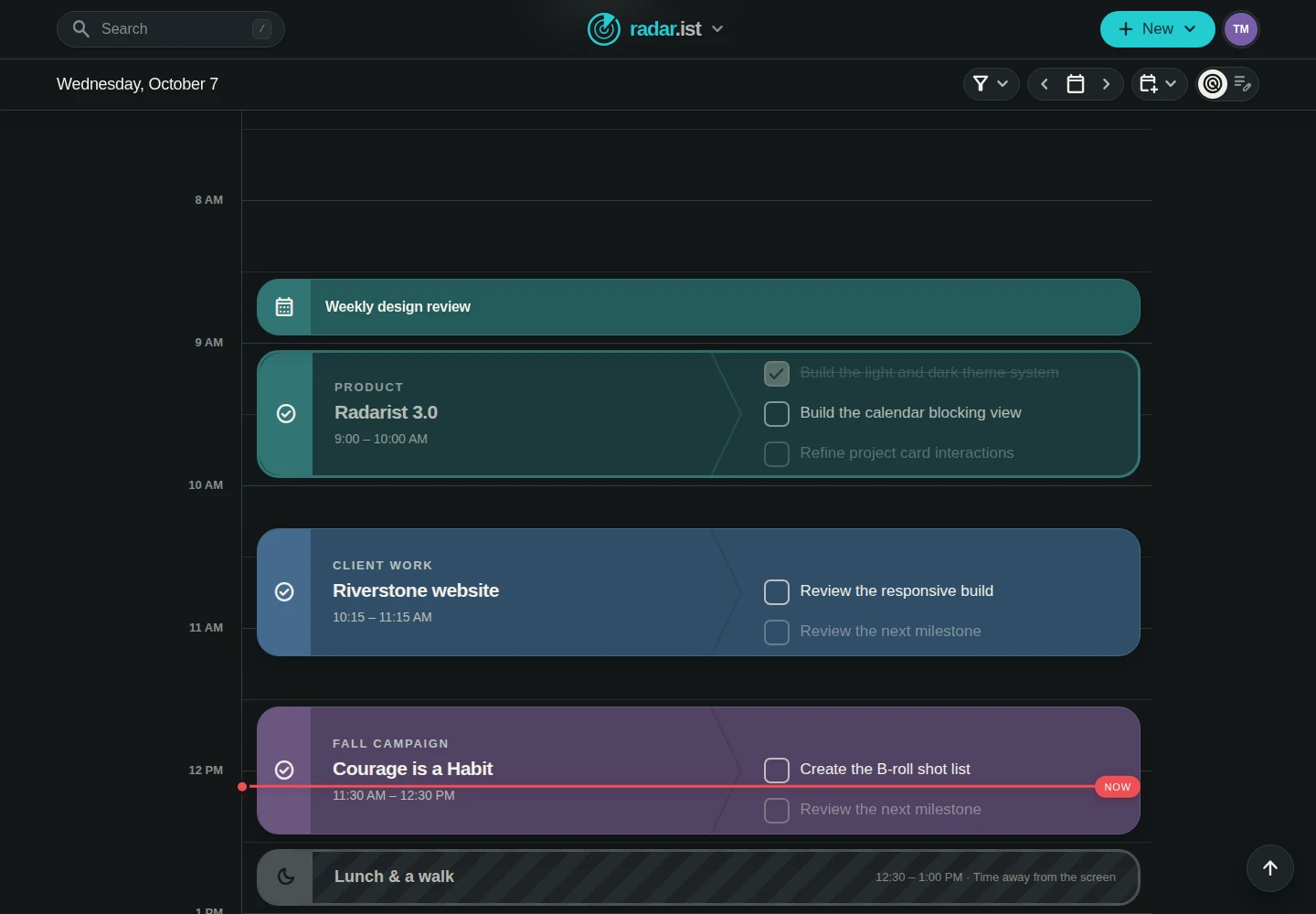 Radarist’s daily agenda and project planning interface