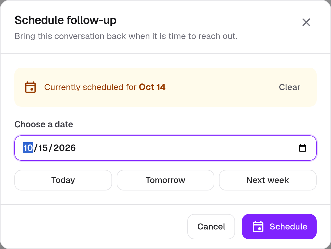 Follow Up · Component detail · Light · Desktop · Date Selected