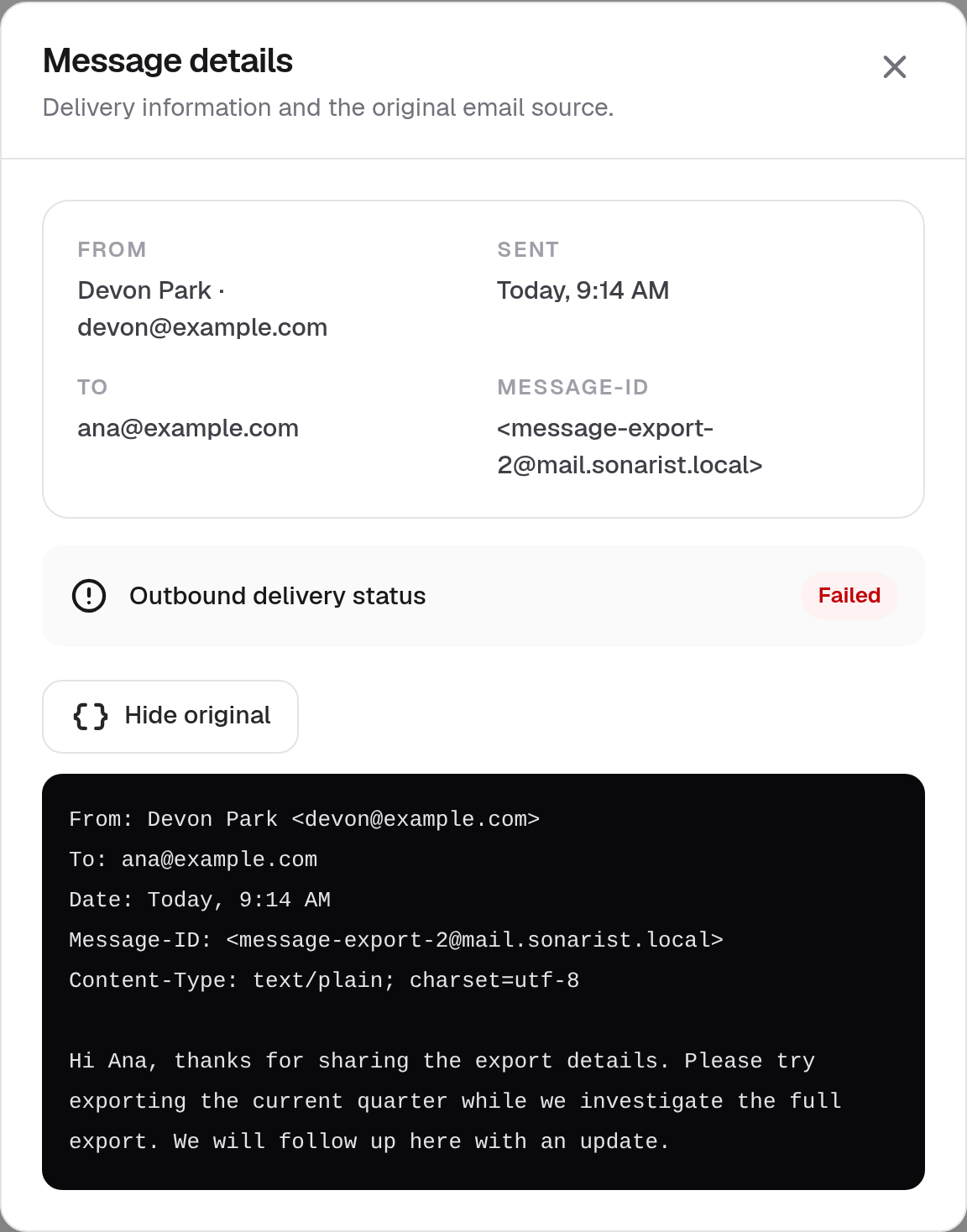 Message Details · Component detail · Light · Desktop · Original