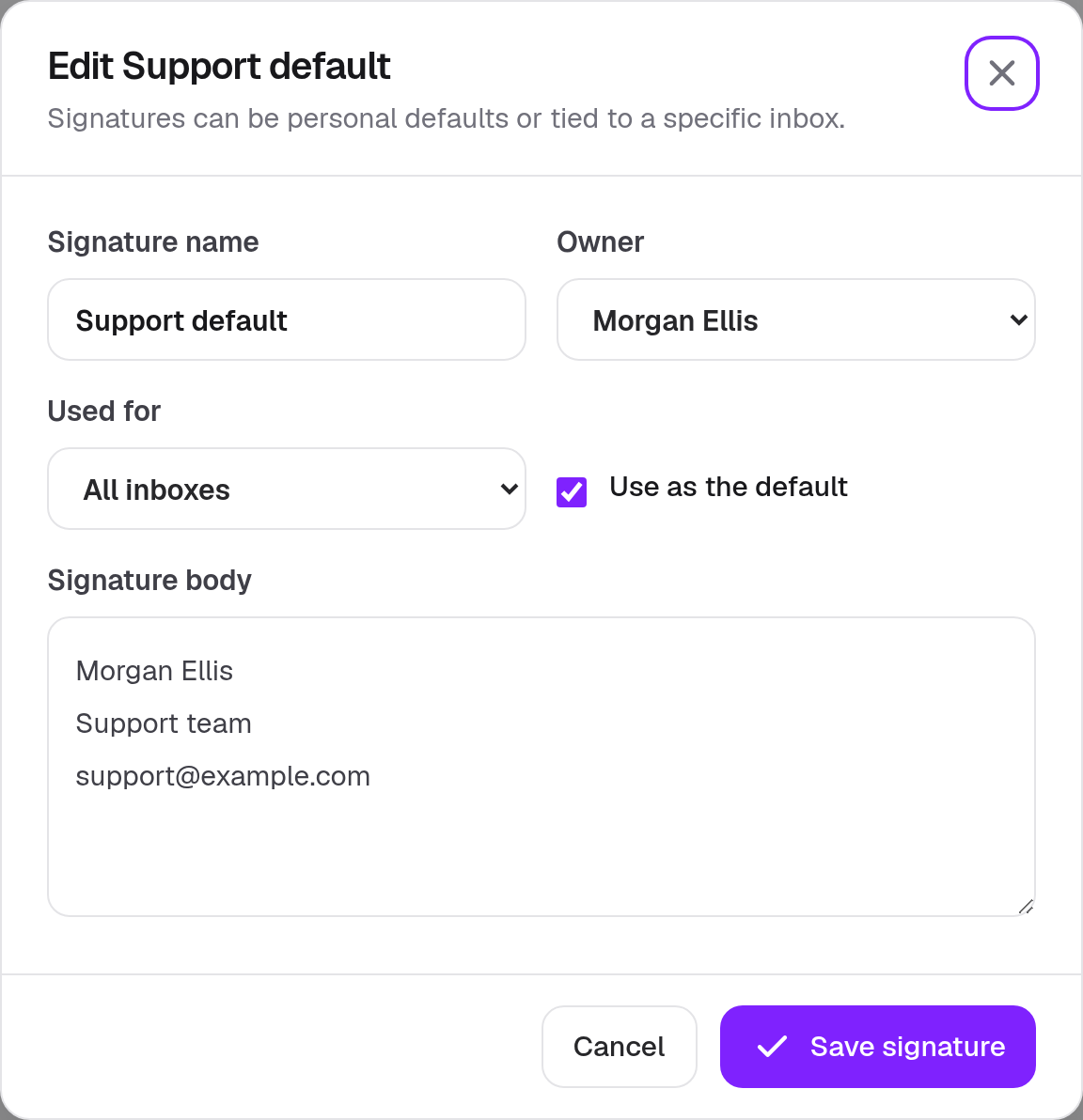 Signature Editor · Component detail · Light · Desktop