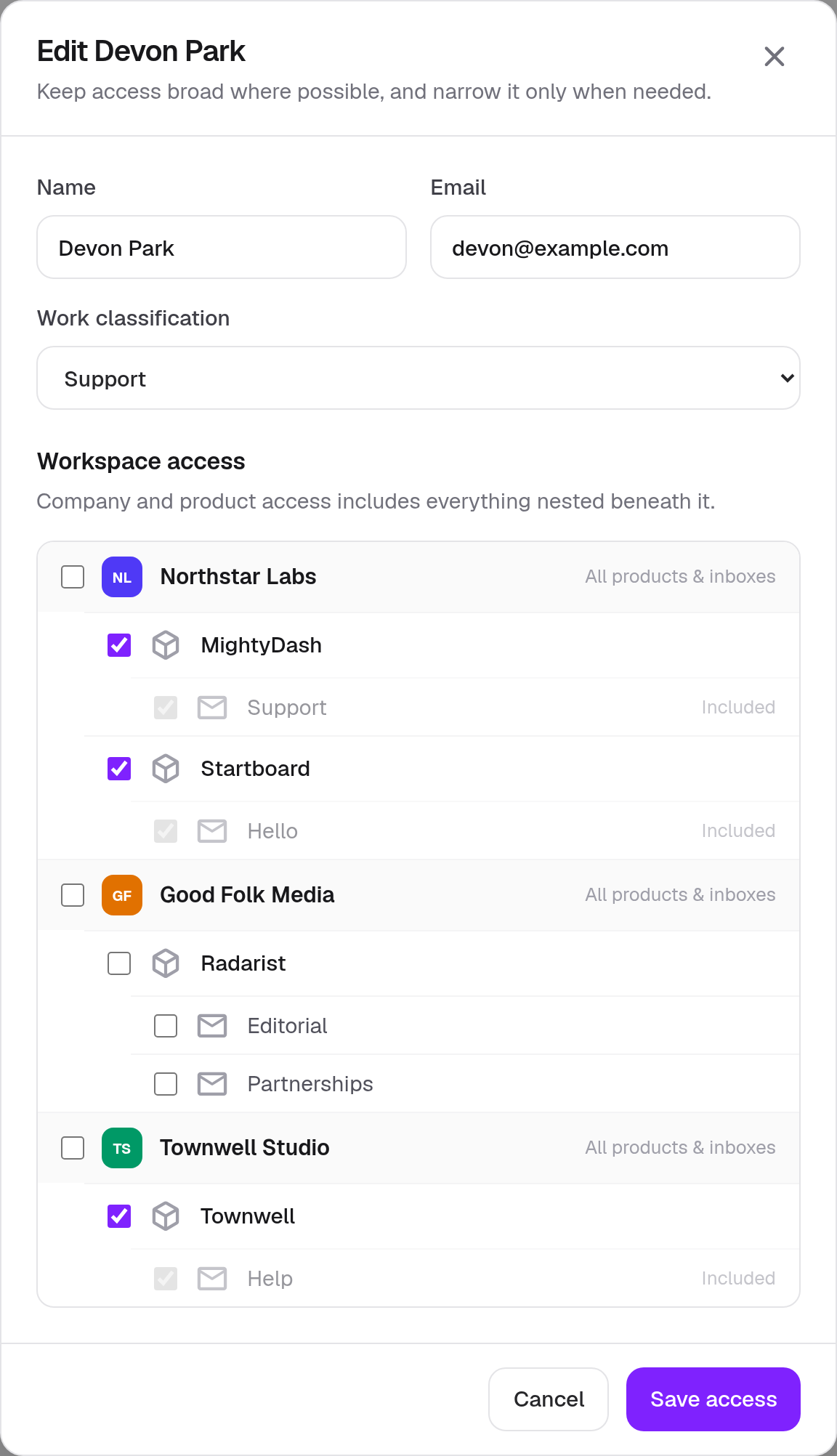 Team Access · Component detail · Light · Desktop · Inherited Full Content
