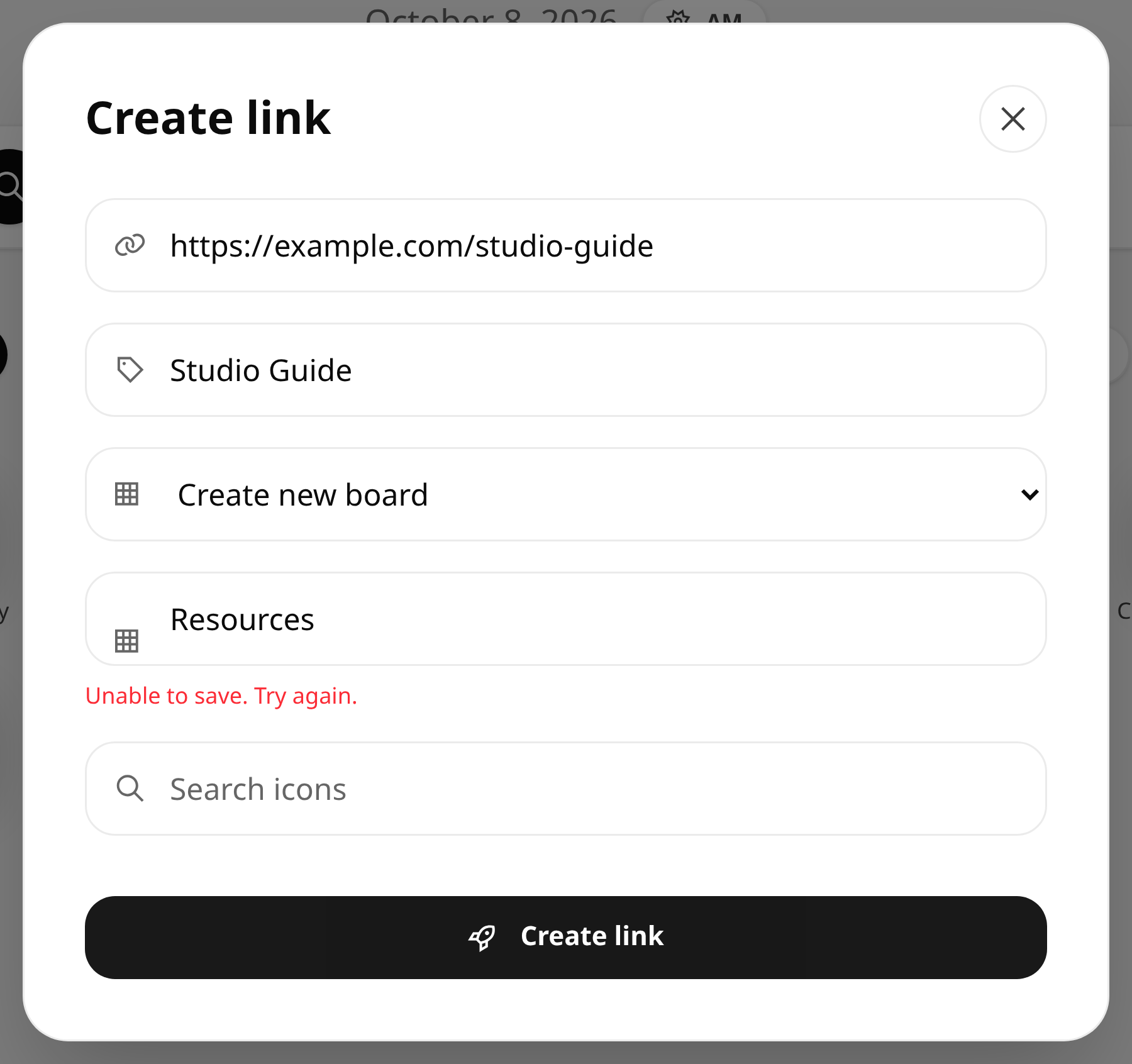Link Editor Server Error Desktop Light · Component detail · Light · Desktop · Server Error