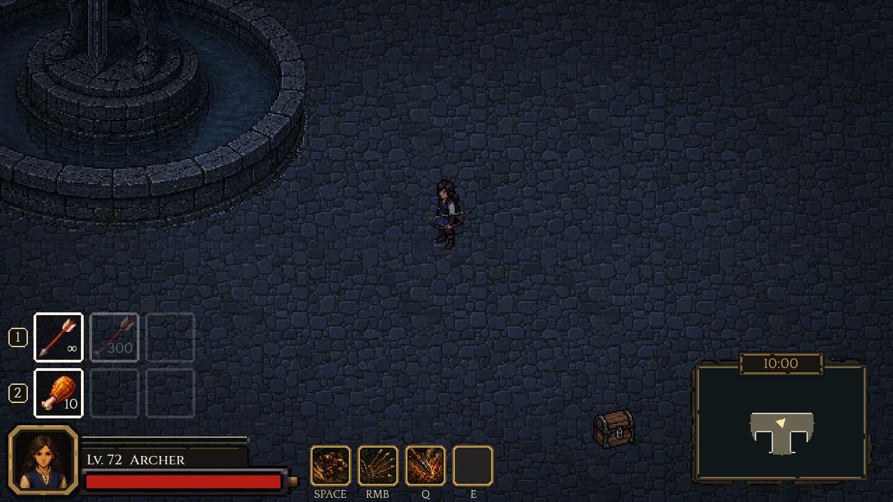 A southwest-facing Daughter of Eve near a courtyard fountain in the dark stone streets of Crowroot Village