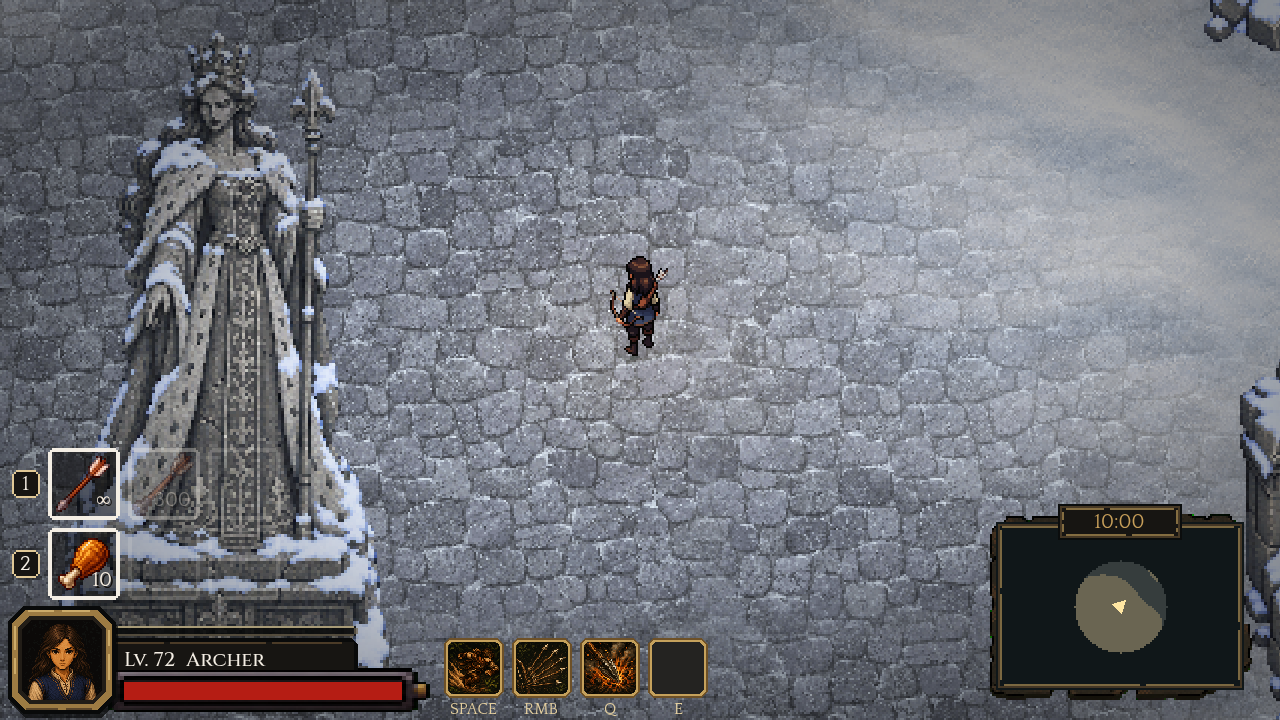 Daughter of Eve facing northwest beside a snow-covered crowned statue and royal hall ruins at Frostglass Lake