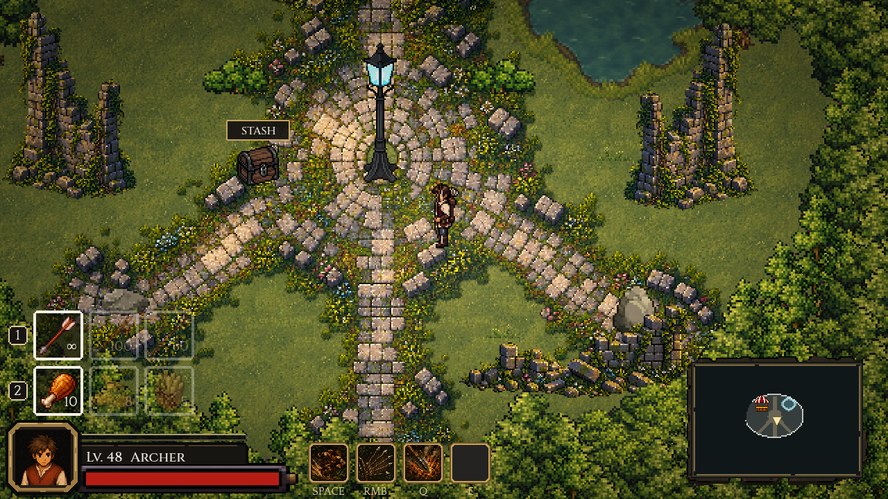 An idle west-facing Son of Adam in the Ruined Hideout, surrounded by mossy stone walls, branching paths, a stash chest, and a blue travel lamp