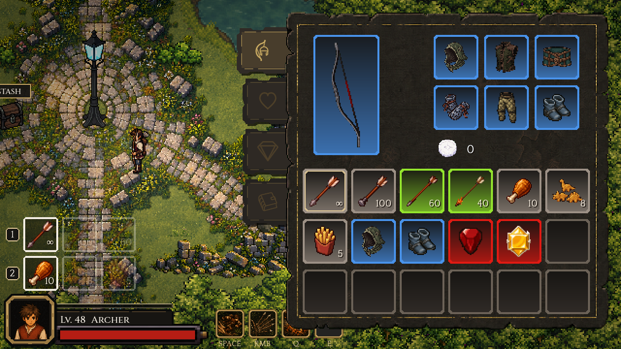 Arrowflame’s equipment and inventory panel showing a bow, six worn items, ammunition, food, spare gear, and gems, with the idle character visible beside it