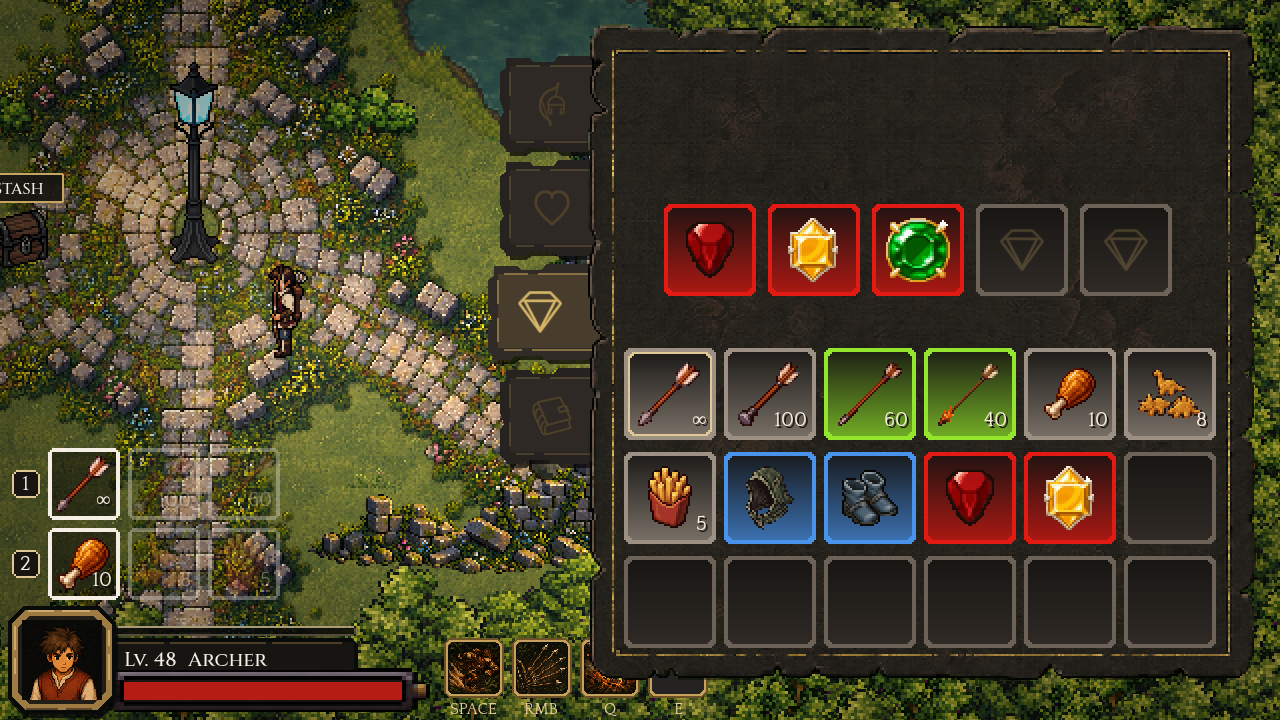 Arrowflame’s gems panel showing red, yellow, and green equipped gems above the carried-item grid, beside the hideout world view