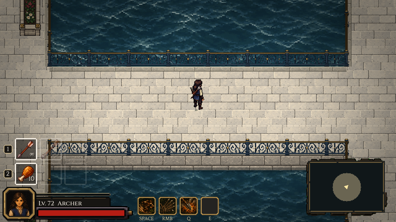 Daughter of Eve facing northeast on a pale stone bridge with decorative railings above Salt Port’s blue water