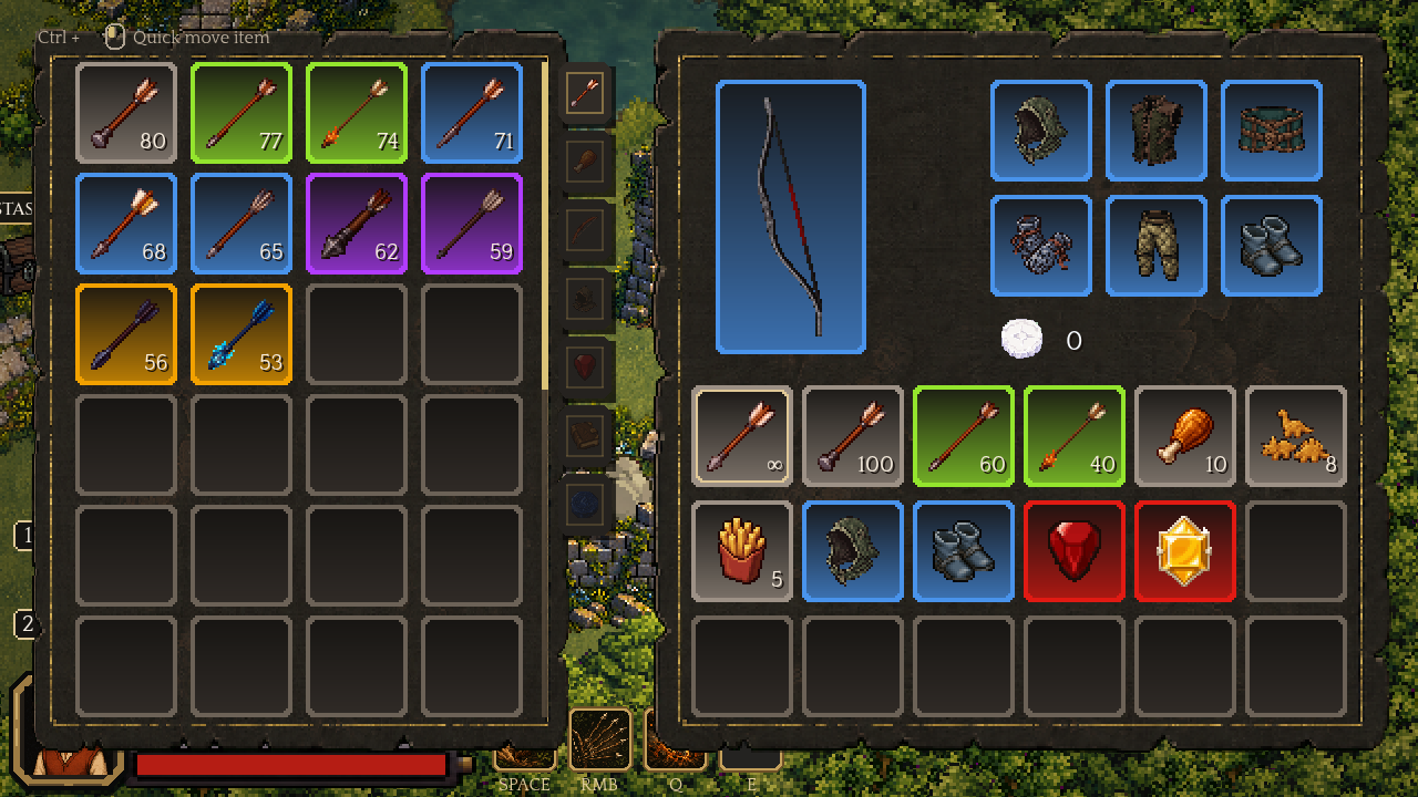 Arrowflame’s stash and equipment panels open side by side, with ten ammunition types sorted into the stash’s ammunition tab