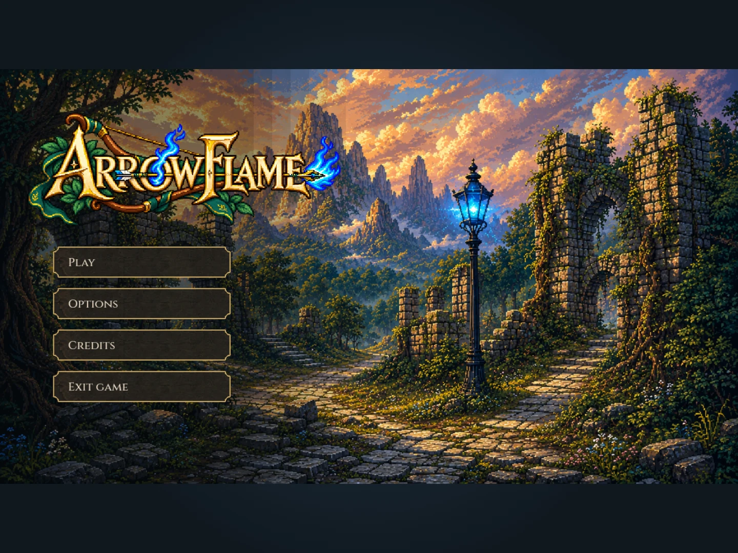 Arrowflame title screen with its pixel-art logo, blue lantern, ruined stone architecture, and main menu