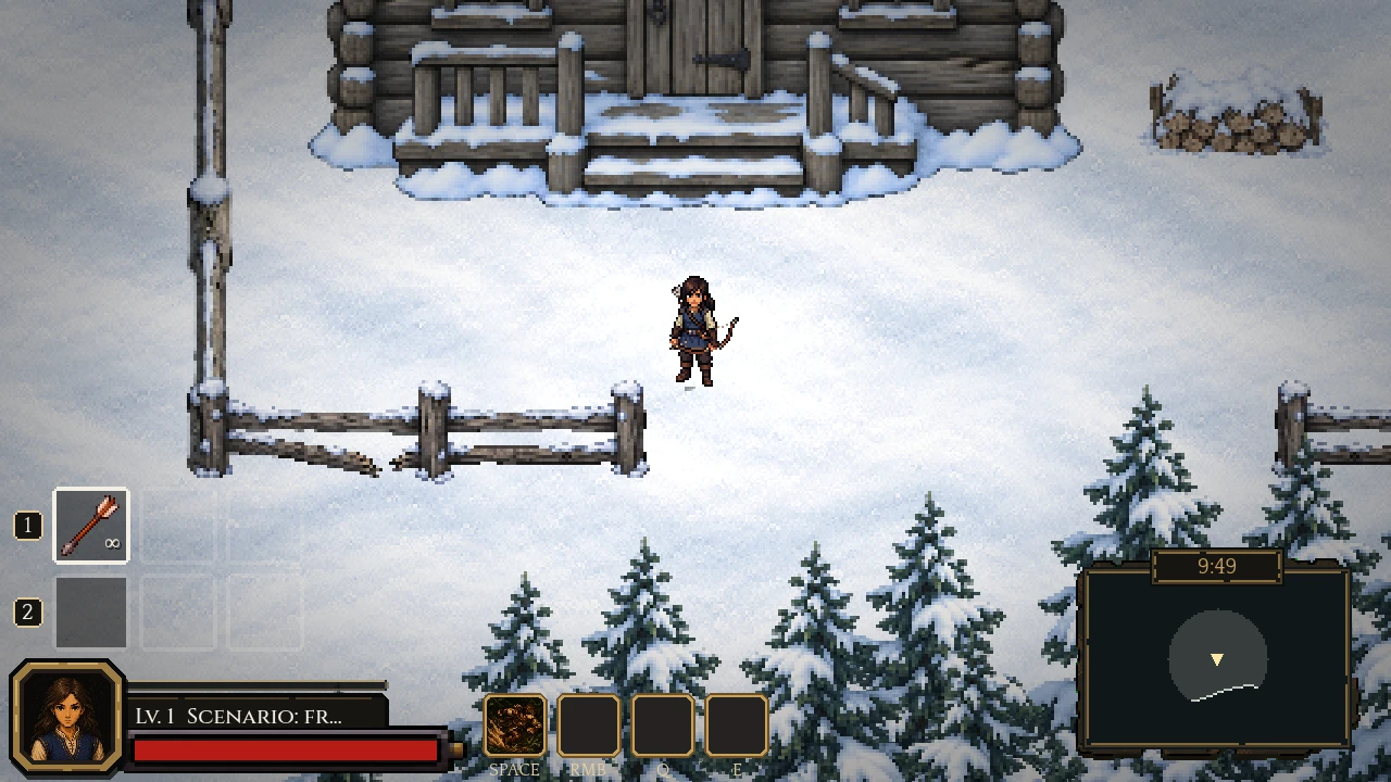 Arrowflame development gameplay showing an archer in a snowy environment with a cabin and player HUD