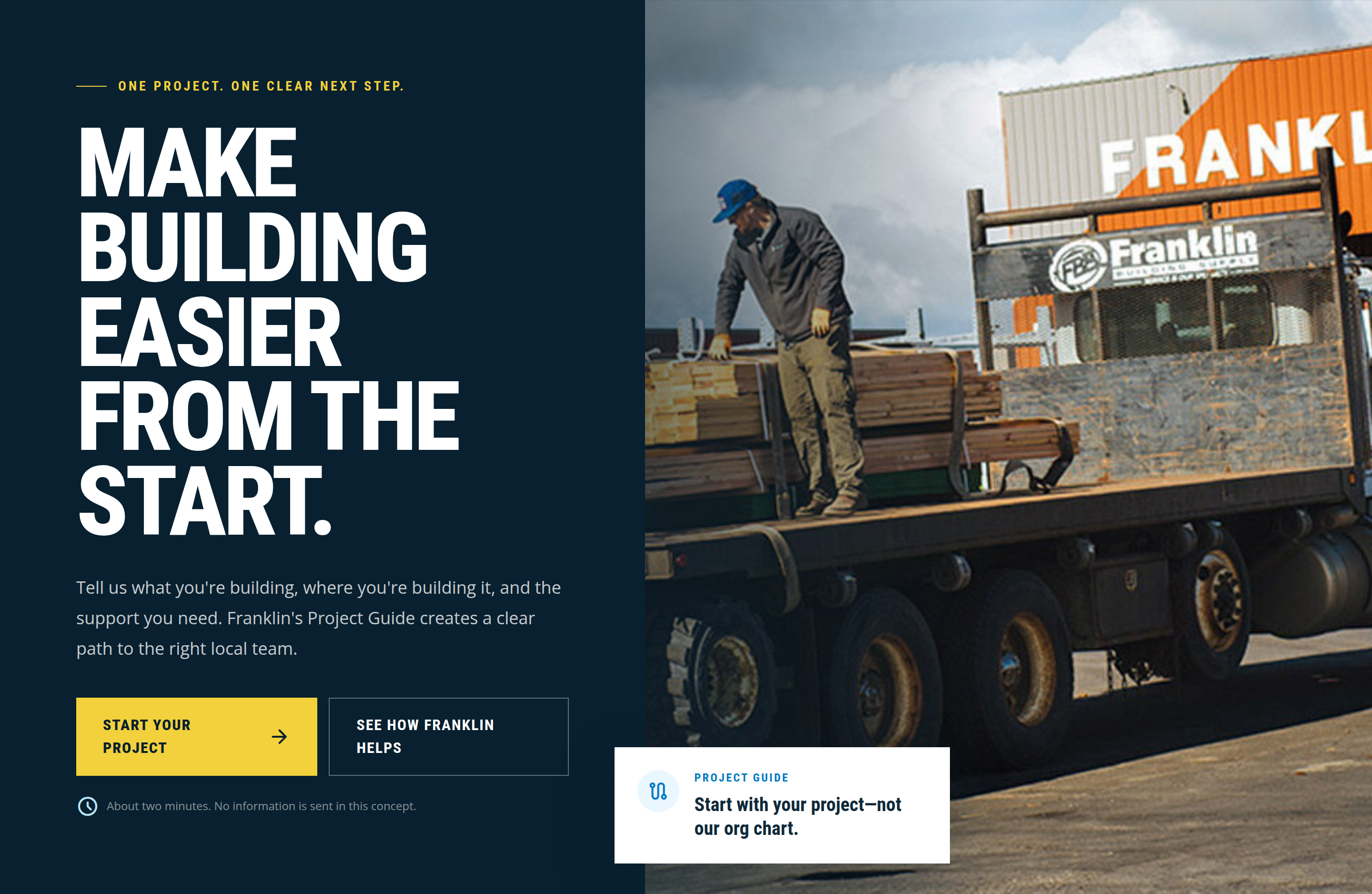 Franklin Building Supply concept homepage introducing a project-led starting point