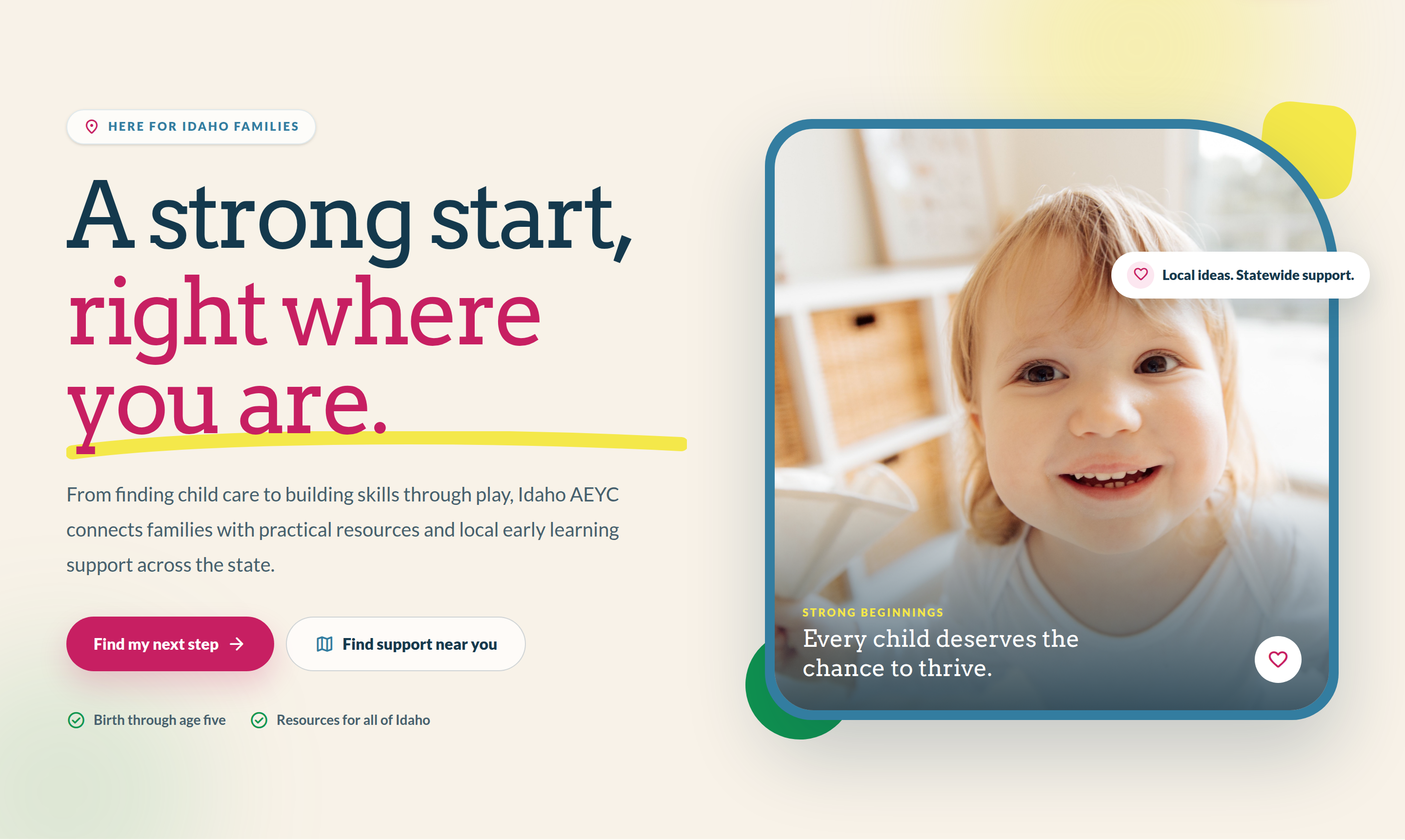 Idaho AEYC concept homepage with family-focused messaging and resource-guide actions