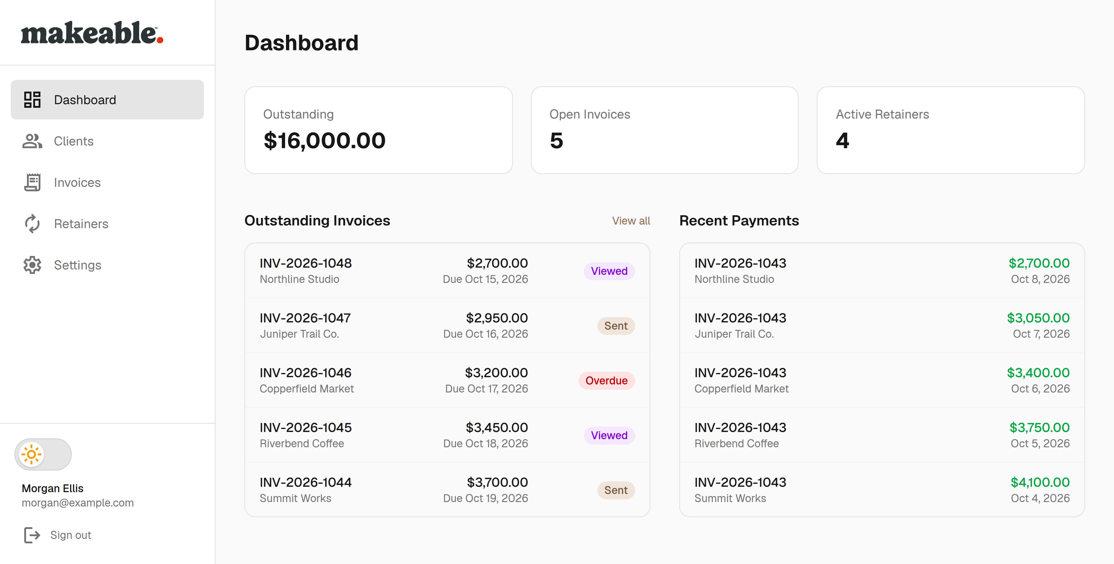 Outstanding invoices and recent payments in light mode on desktop