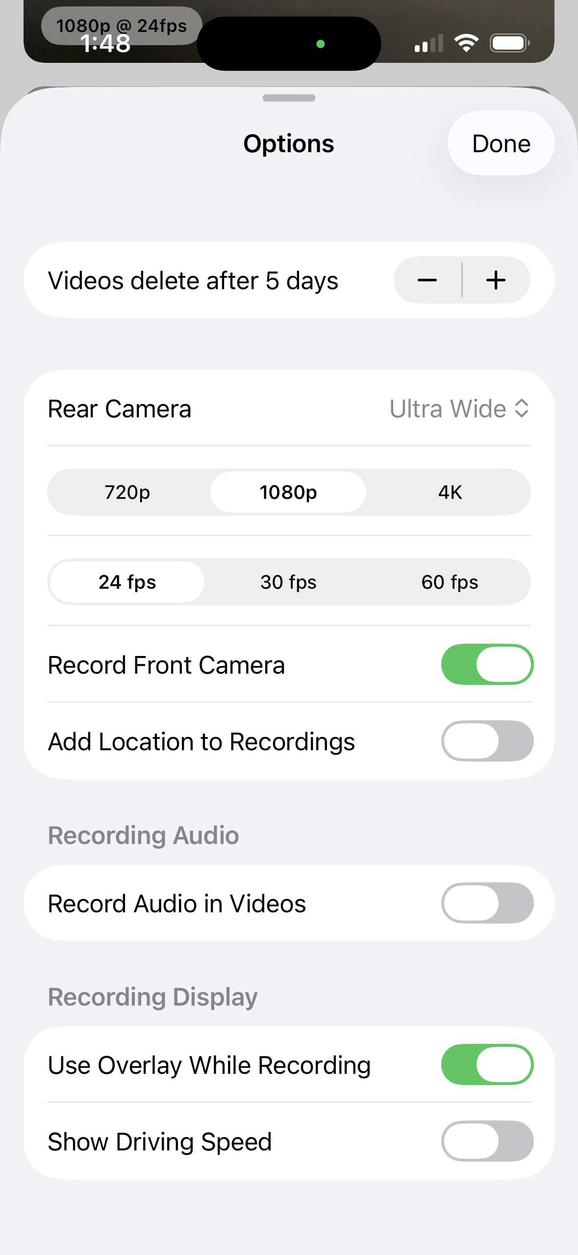 MightyDash recording options for retention, camera, video quality, frame rate, audio, location, and display