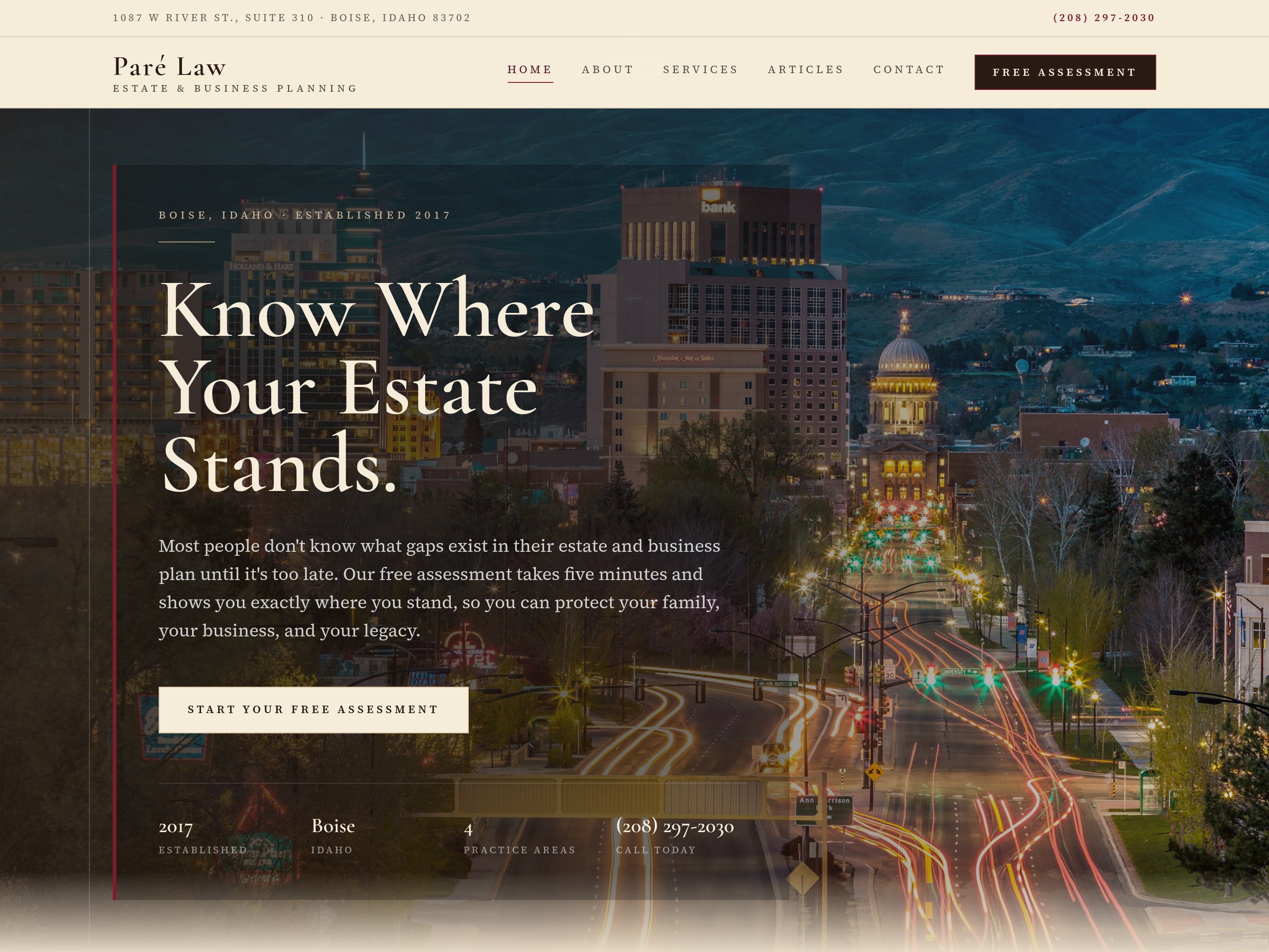 Paré Law homepage with estate-planning assessment and Boise firm identity