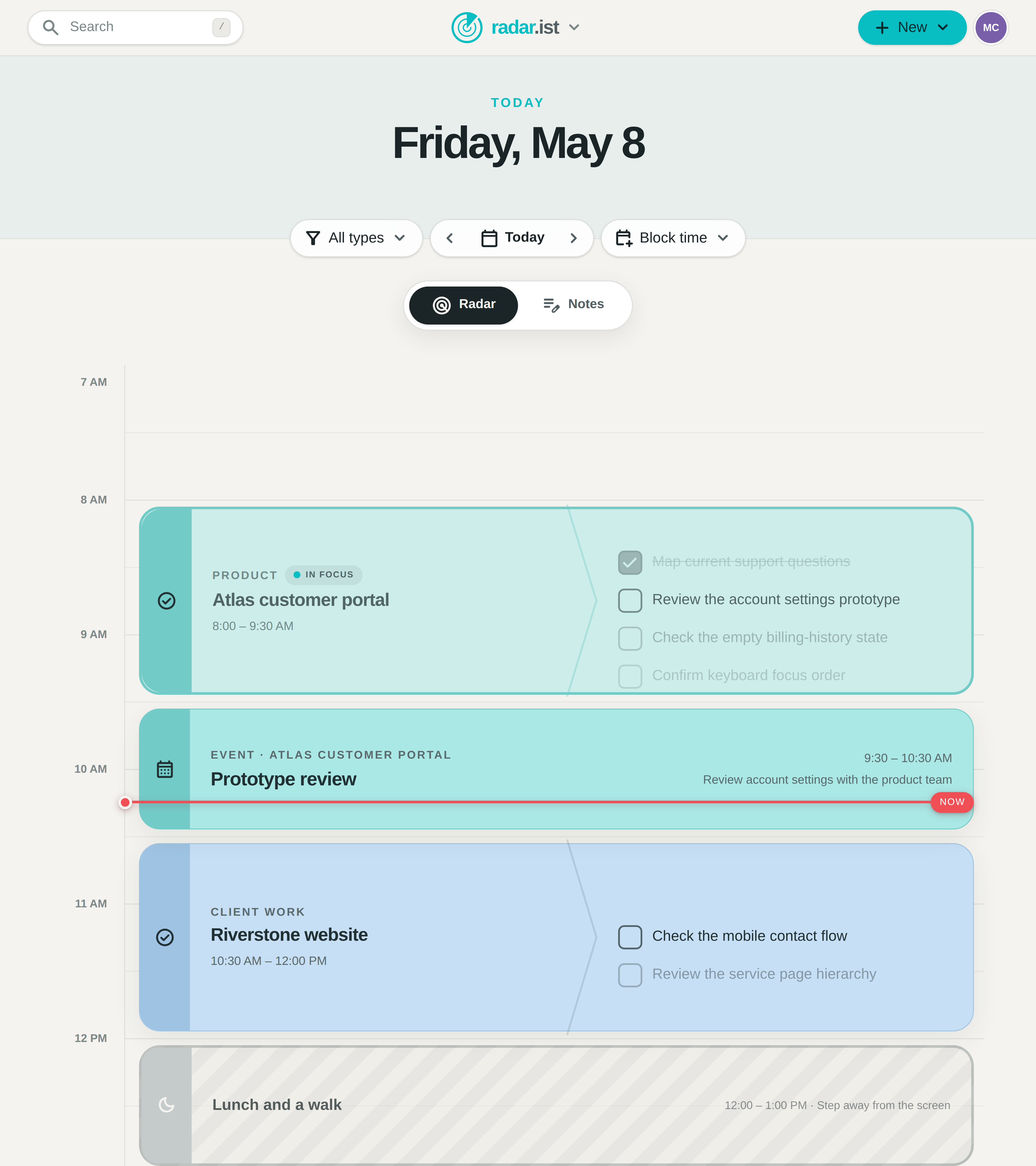 Daily agenda with project work, a review, and protected time in light mode on desktop
