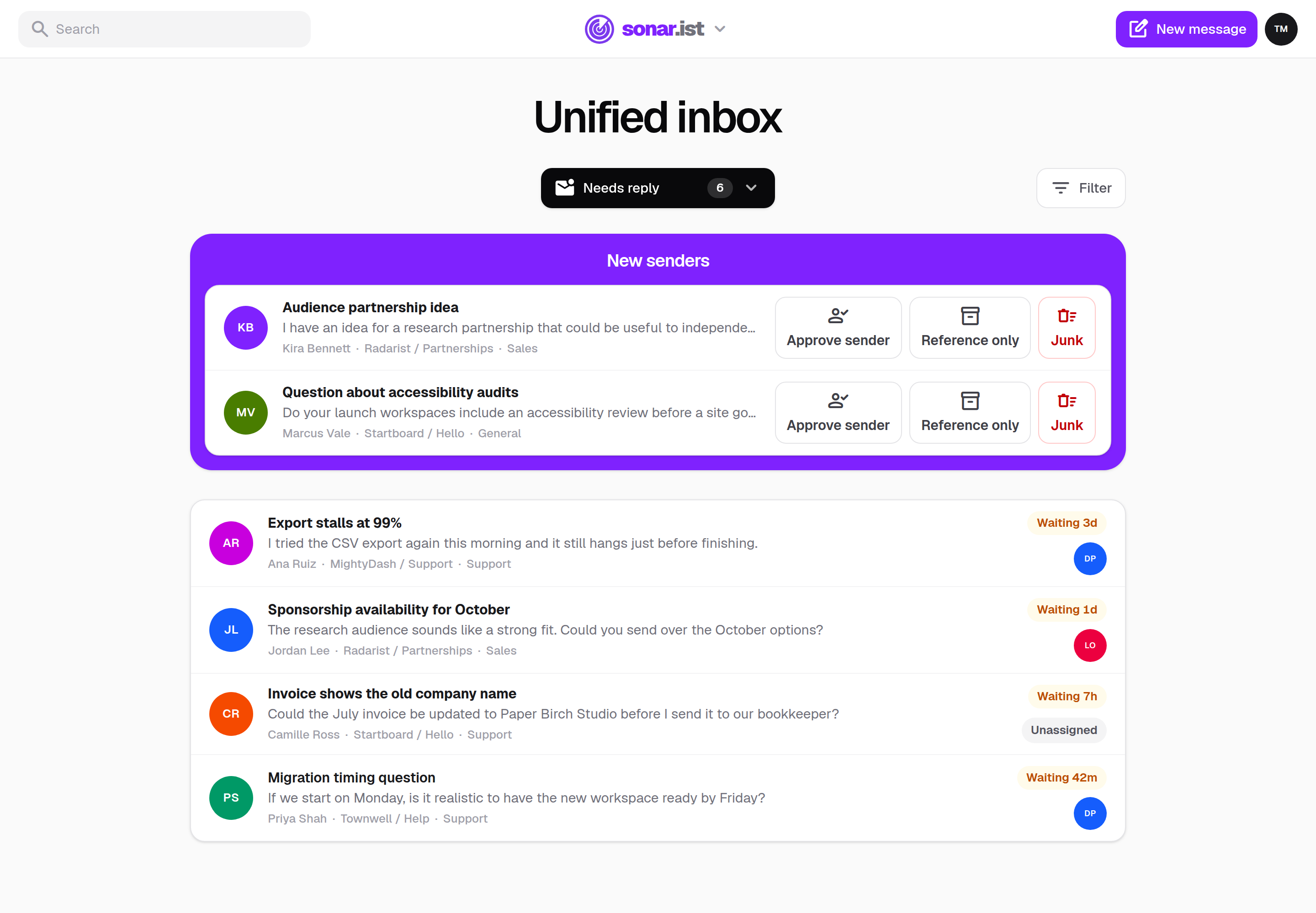 Unified inbox with new-sender screening in light mode on desktop