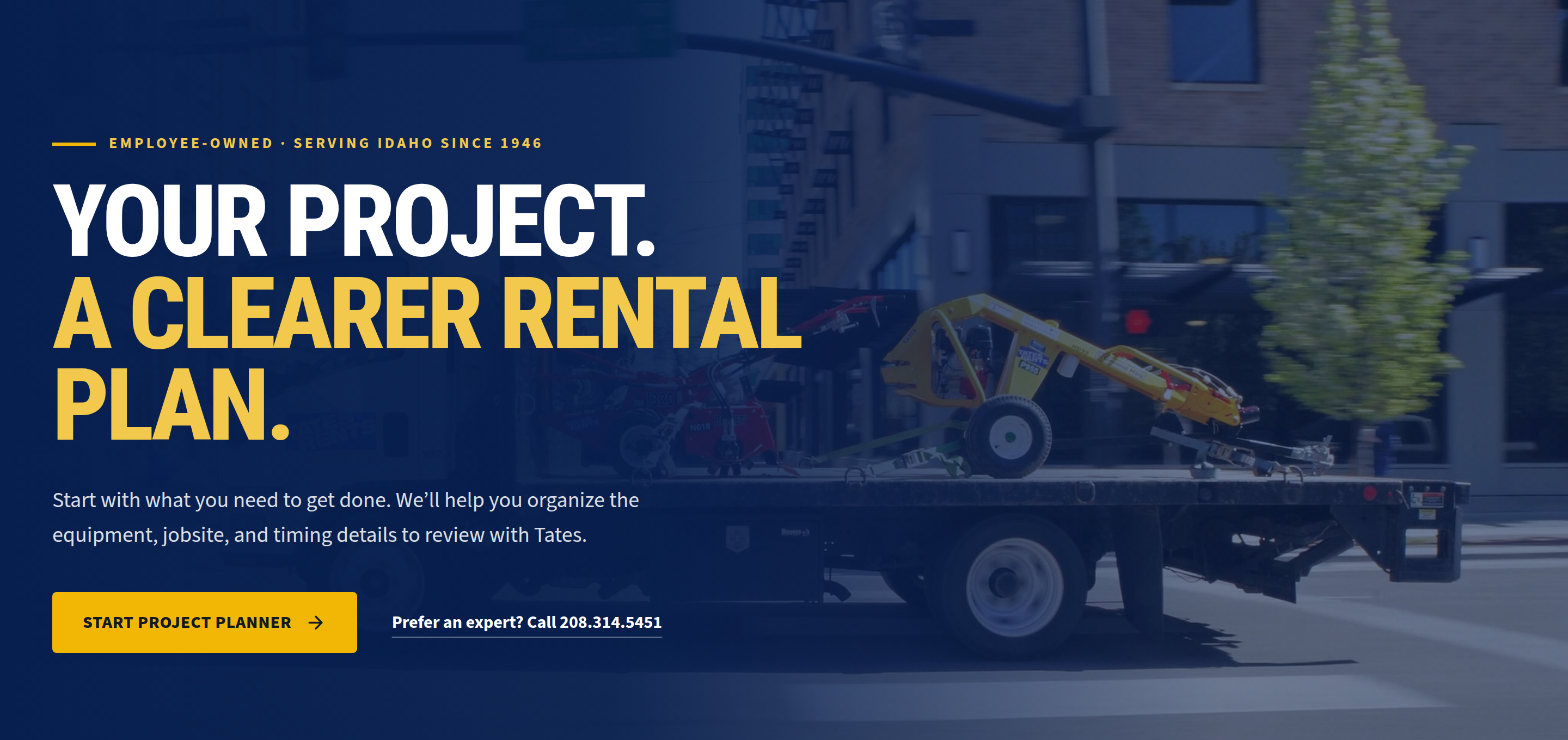 Tates Rents concept homepage with project-planner and equipment-discovery paths
