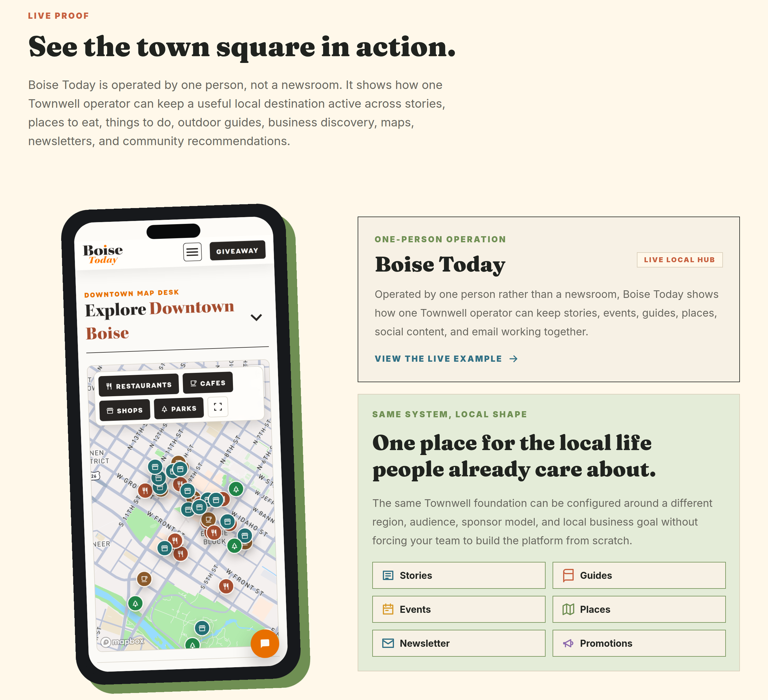 Townwell showing Boise Today as a live community hub with stories, guides, events, places, newsletters, and promotions